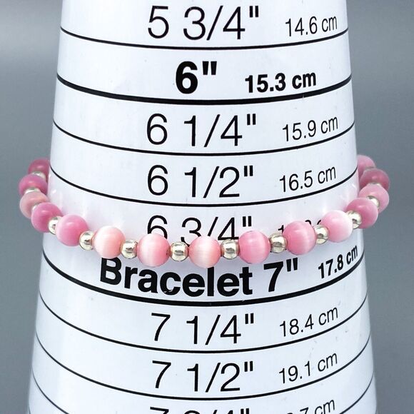 Pink Cat's Eye Beaded Bracelet | Sterling Silver 925 | 7.25" - Picture 3 of 4